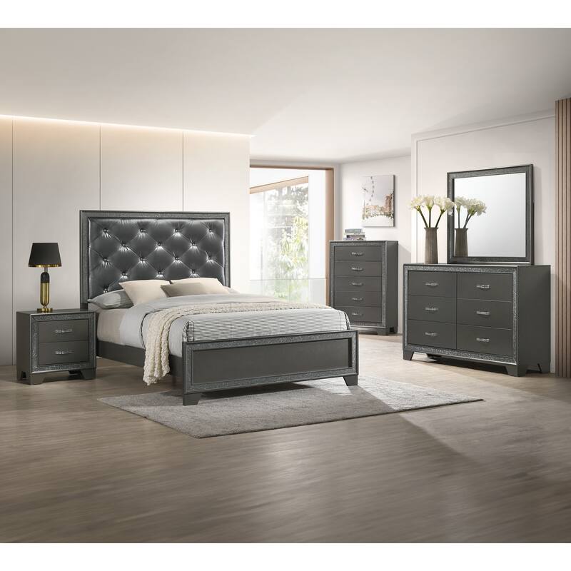 Queen Size Panel Bed with Dark Gray Shimmering Finish and Tufted Upholstery