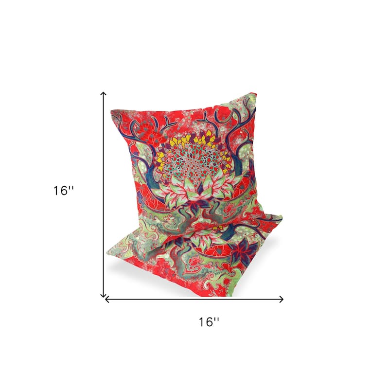 HomeRoots Set of Two 16" X 16" Green and Red Blown Seam Floral Indoor Outdoor Throw Pillow - 16.00' X '16.00' X '5.00