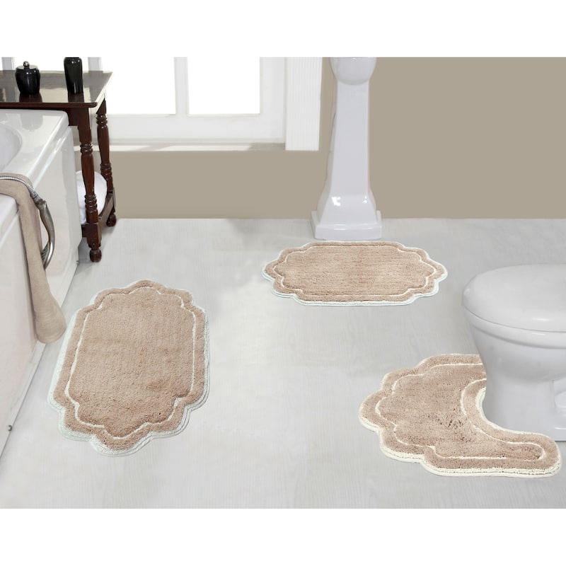 Allure Collection 100% Cotton Non-Slip Bathroom Rug Set, 3 Piece Machine Washable- Bathroom Rug, Bath Rug, U Shaped Contour - Linen