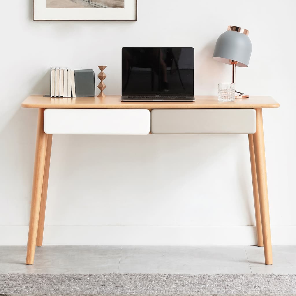 Modern Solid Beech Wood Writing Desk with 2 Drawers and Rounded Corners for Small Home Office Spaces