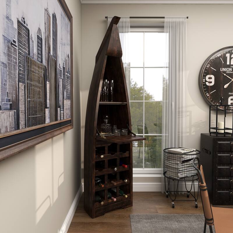 Brown Wood 12 Bottle and 2 Shelf Boat Standing Wine Rack with Foldable Tray