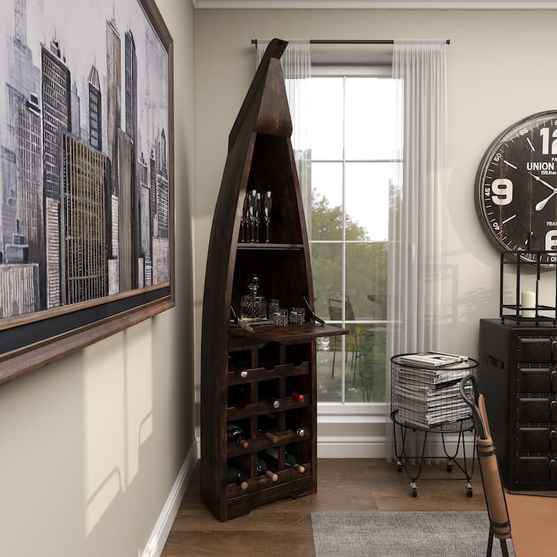 Wood Boat 12 Bottle 2 Shelf Standing Wine Rack with Foldable Tray - Brown - Roche River Decor