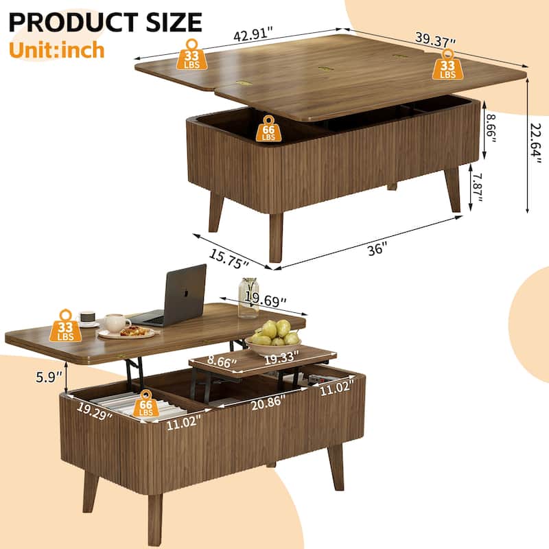 3-in-1 Lift Top Coffee Table Converts to Dining Table, Fluted Oval Wooden Storage Center Table
