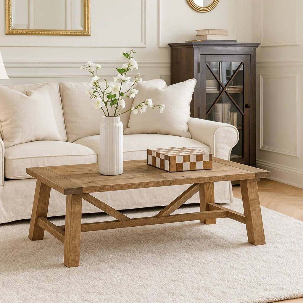 Pine Wood Coffee Table with Trestle Reinforced Sawhorse Base, Brown