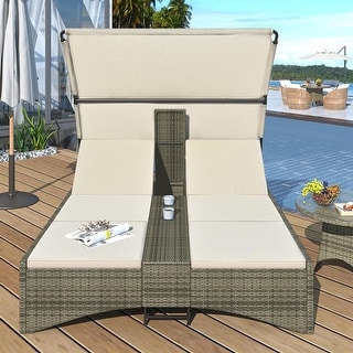 Roomfitters Patio Daybed, Outdoor Rattan Sun Lounger with Shelter Roof, Adjustable Backrest, Storage & Cup Holders