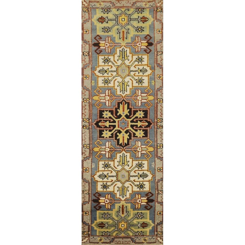 Hand Knotted Oriental 100% Wool Carpet Traditional Geometric Greys & Charcoal Kazak Runner Rug - 7' 10'' X 2' 6''