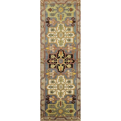Hand Knotted Oriental 100% Wool Carpet Traditional Geometric Greys & Charcoal Kazak Runner Rug - 7' 10'' X 2' 6''