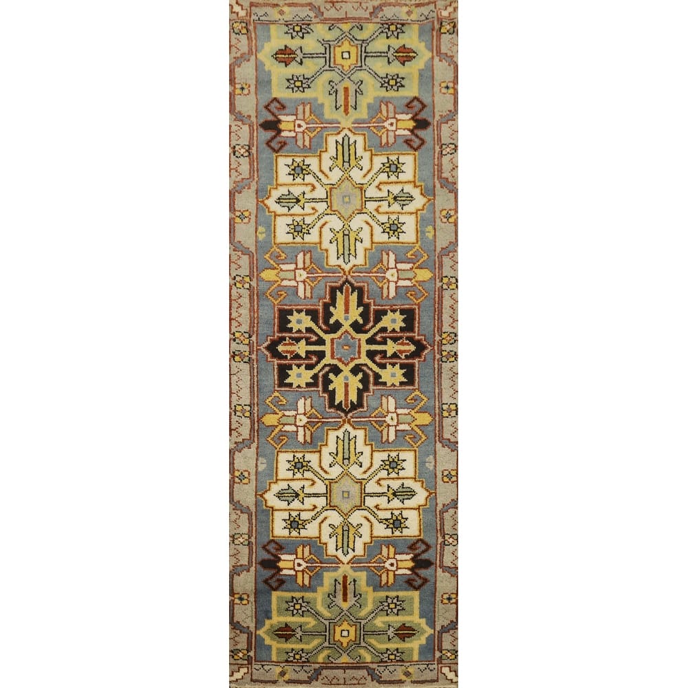 Hand Knotted Oriental 100% Wool Carpet Traditional Geometric Greys & Charcoal Kazak Runner Rug - 7' 10'' X 2' 6''