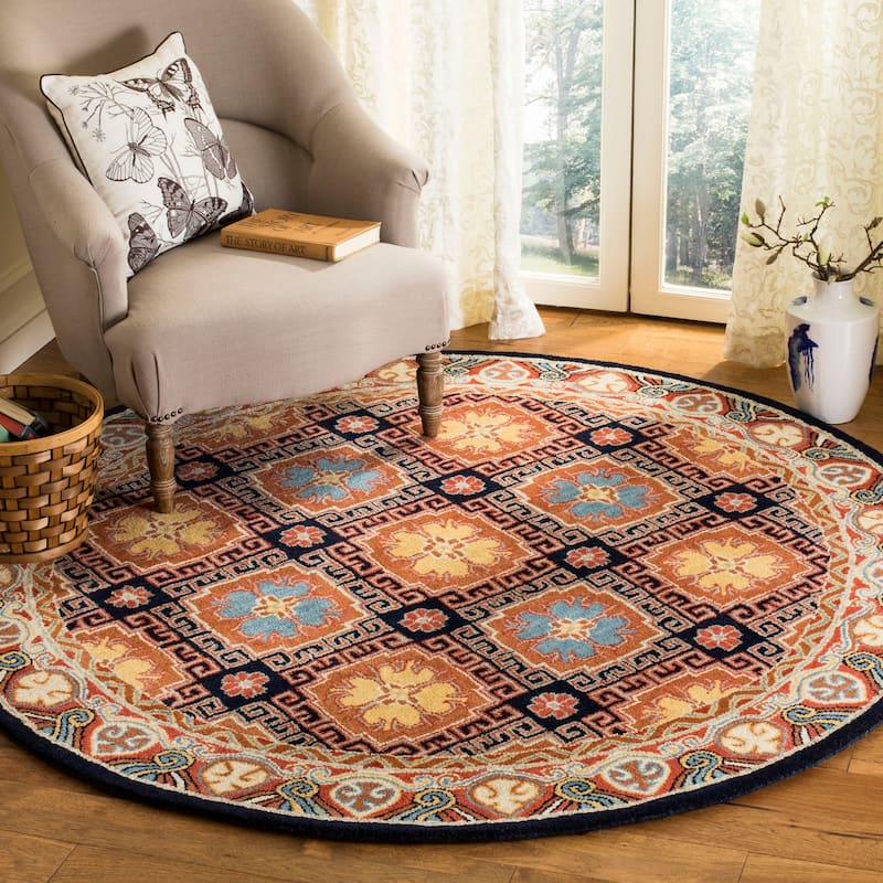 SAFAVIEH Handmade Heritage French Painted Avignon Traditional Oriental Wool Rug - 6' Round - Navy/Orange