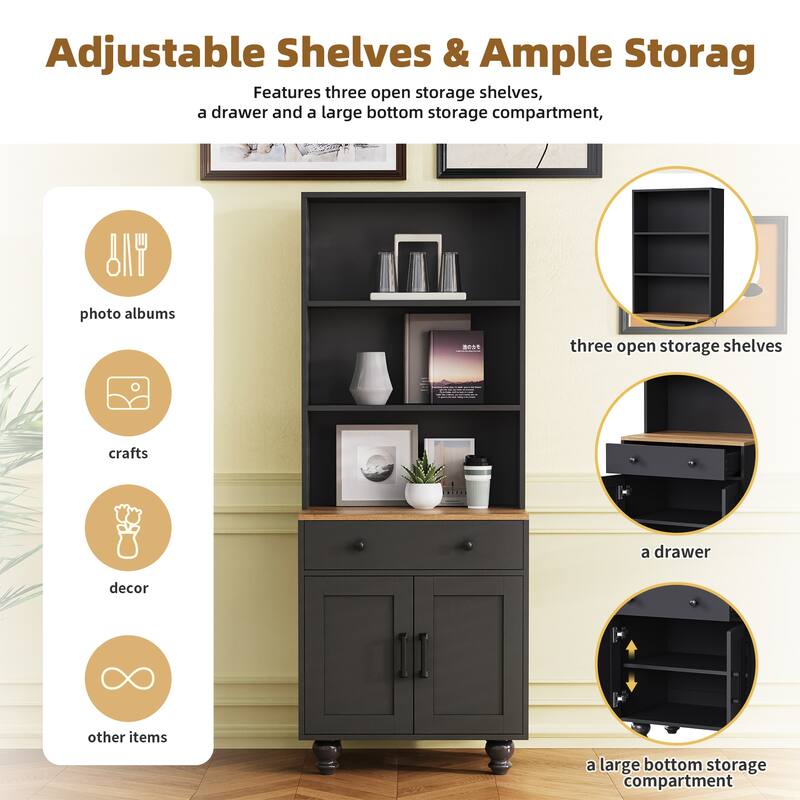 Storage Cabinet with 4 Gourd-Shaped Legs,Kitchen Pantry Cabinet with Adjustable Shelves,5 Tier Bookshelf with Drawer