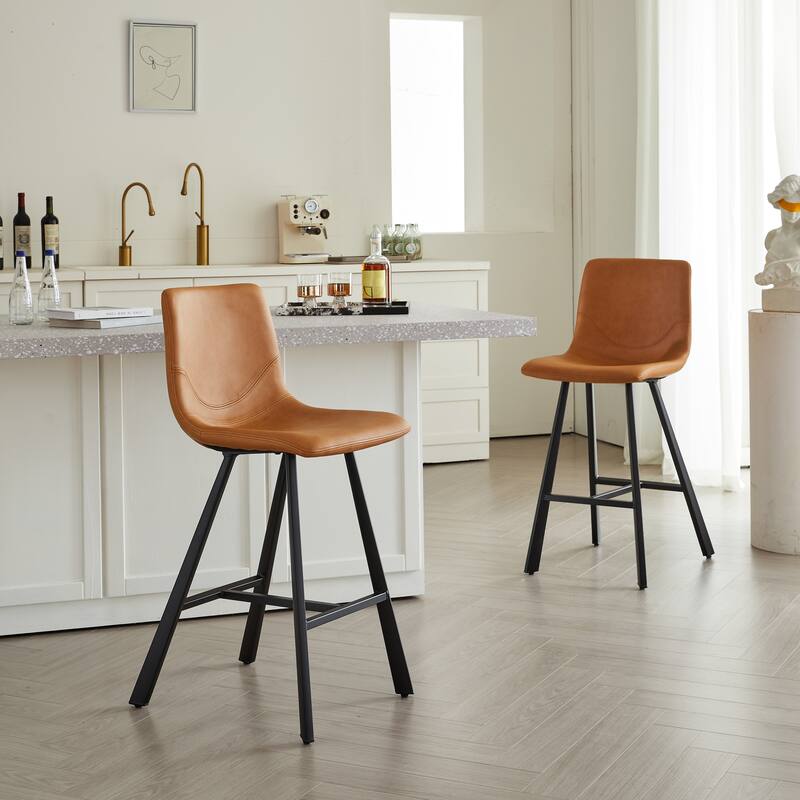 Set of 2 Bar Stool with Ergonomic Curved Backrest - Sturdy Black Metal Frame Counter Height Seating with Footrest