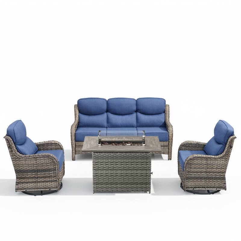 Arcadia 5-Piece Patio Conversation Set with 4 Swivel Glider Chairs and Wicker Fire Pit