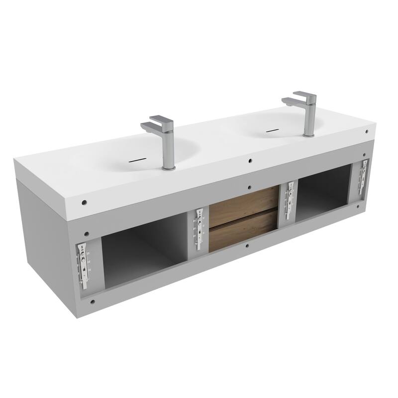 Thames 60" Shallow Basin Wall Mounted Bathroom Vanity Set w/ White Top