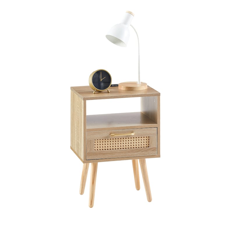 15.75"Rattan End table with Power Outlet &USB Ports，Modern nightstand with drawer and solid wood legs,side table for living room