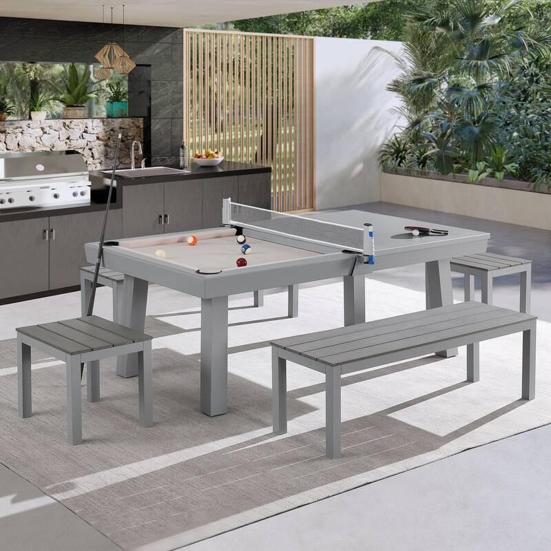 Laguna Indoor/Outdoor 7ft Slate Pool Table 6-Seater Dining Set with 4 Benches & Accessories, Cement Finish - Beige/Grey