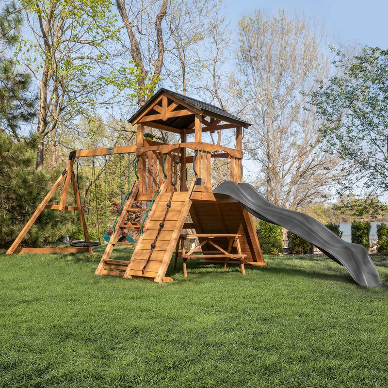 Backyard Discovery Endeavor II Cedar Wood Swing Set, Slide, Play Deck