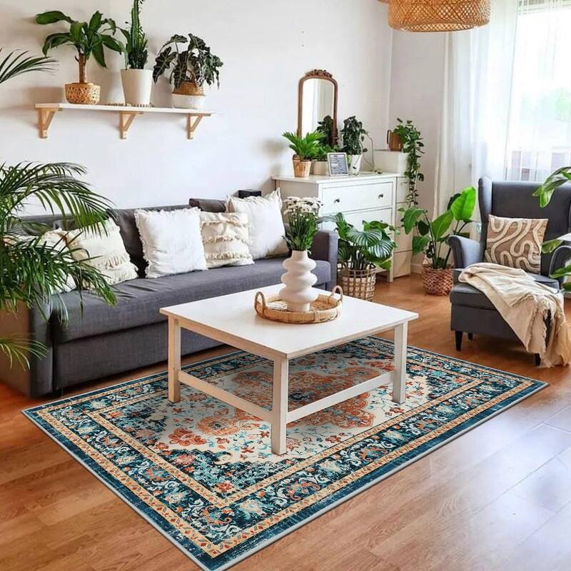 Boho Vintage Area Rug Machine Washable Low Pile Soft Floor Carpet