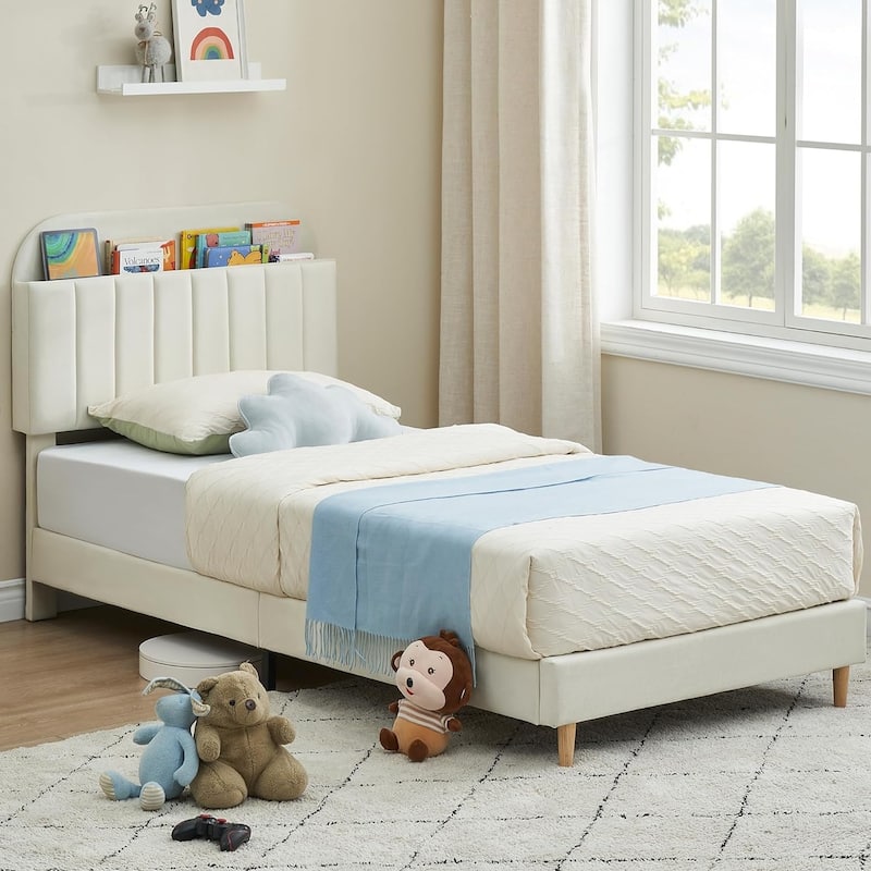 Twin Bed Frames With Velvet Platform Bed Mattress Foundation - White
