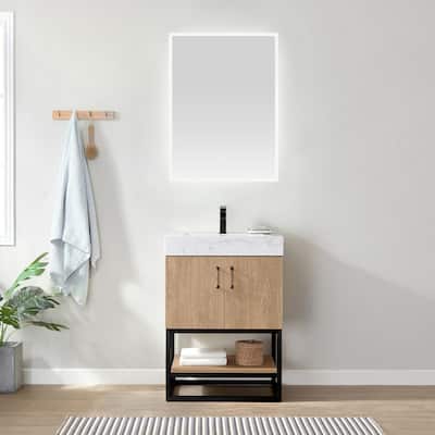 Alistair 24" Single Vanity with White Grain Stone Top and Mirror