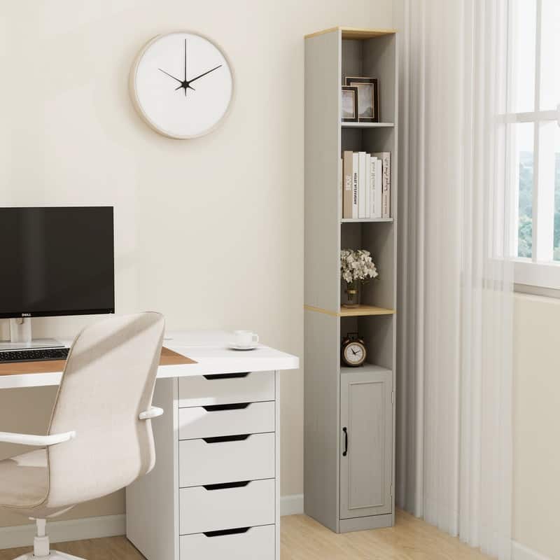 72" Tall Slim Storage Cabinet, 6-Tier Narrow Freestanding Shelf with Door, Antique White