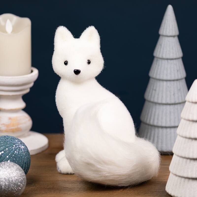 Glittered Sitting Arctic Fox Christmas Figure - 9.5" - White