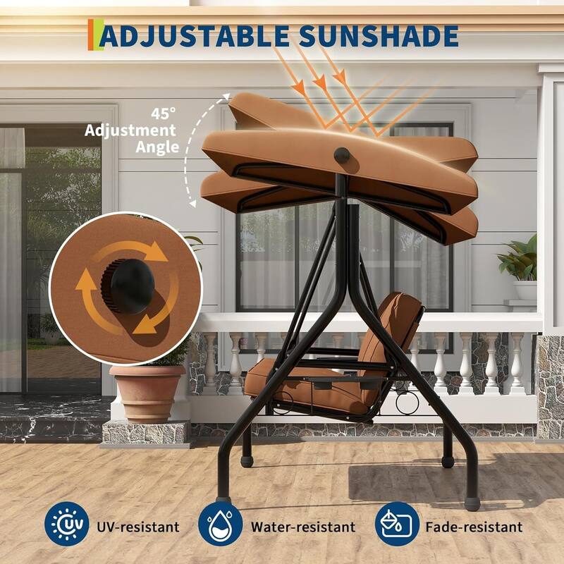 3 Seat Outdoor Porch Swing Chair with Canopy ＆ Cup Holders for Backyard, Porch, Garden