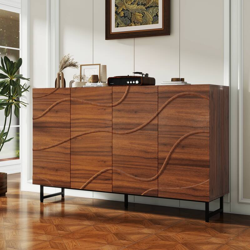 Modern Art Solid Wood Sideboard, Wave Relief Design, Walnut Texture, Iron Legs, Living Room Storage Cabinet