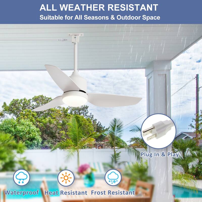 Outdoor Ceiling Fan with Light: 42-52 Inch Hanging - Plug in Waterproof Fans for Patio - Dimmable Remote App Control Black