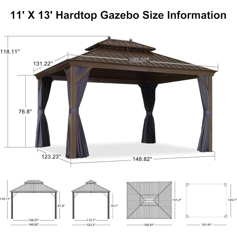PURPLE LEAF Hardtop Aluminum Gazebo with Curtains and Netting, Double Roof Patio Gazebo