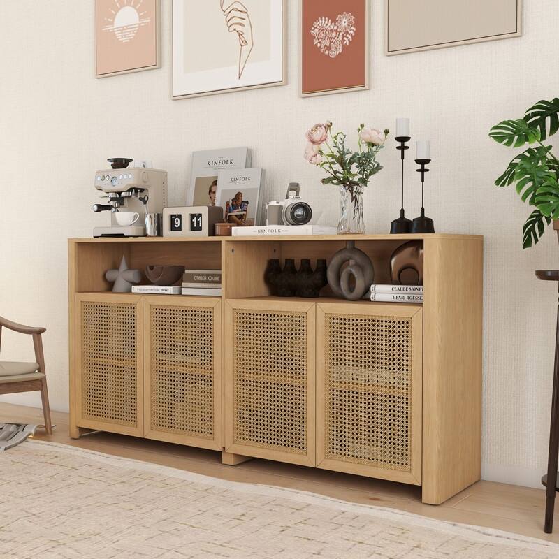 Mid Century Modern 63" Wide 4 - Cane Rattan Door Storage Sideboard with Open Shelf, Wine Bar Credenza for Living Room Entryway