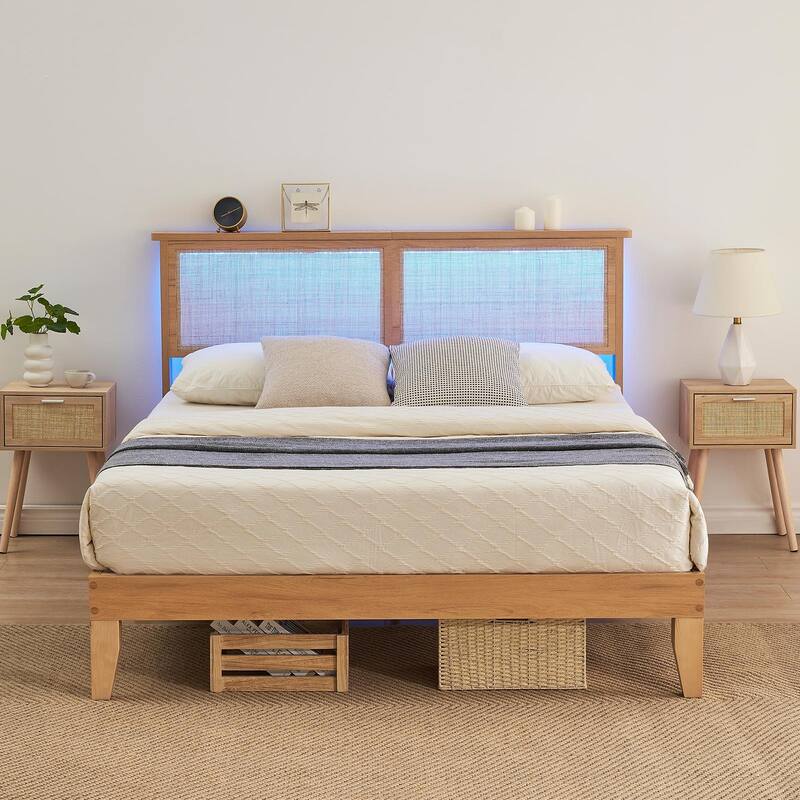 Bed Frame with Rattan Headboard and LED lights