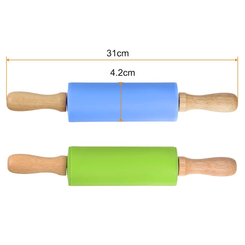 Silicone Rolling Pins for Baking Wood Handle 31cm x 4.2cm Green & Blue - Green & Blue - Green & Blue