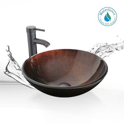 Eclife 16.5" Bathroom Vessel Sink Tempered Glass Round Basin Countertop Bowl Sink with Faucet Pop up Drain