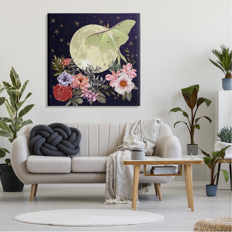 Stupell Calming Nighttime Luna Moth Flying Moon Flowers Canvas Wall Art ...