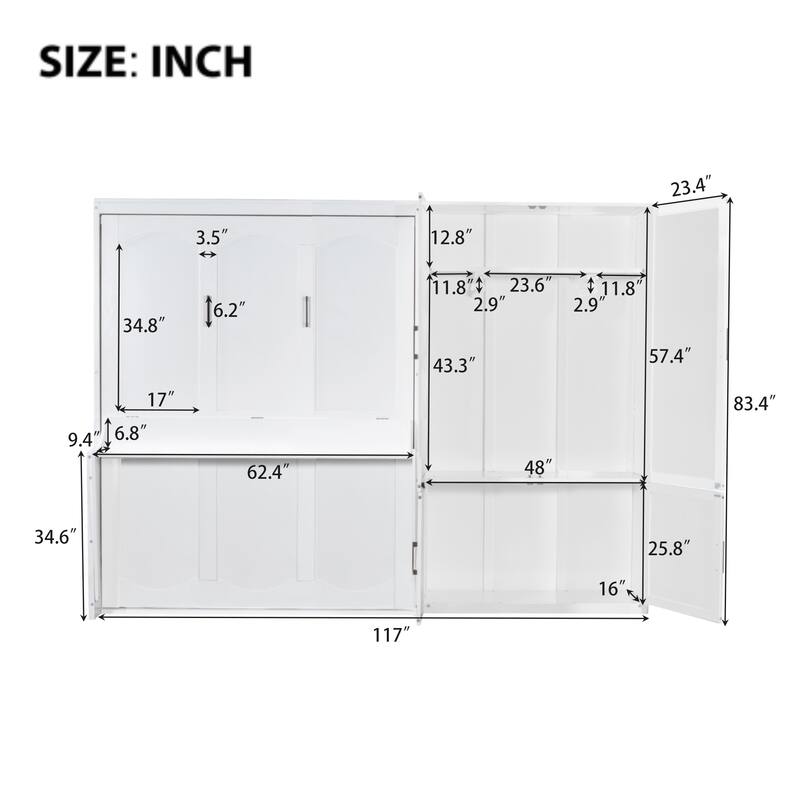 Space-Saving Queen Size Murphy Wall Bed with Built-In Closet and Hydraulic System, White/Gray
