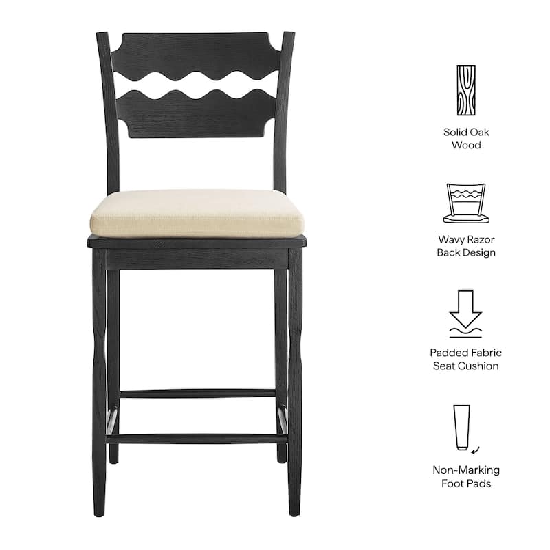 Jax Oak Wood Counter Stool With Wavy Razor Back and Cushion