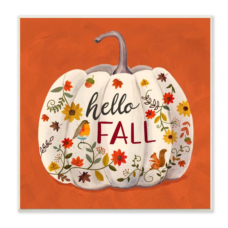Stupell Hello Fall Patterned White Pumpkin Floral Botanicals Wood Wall Art - Brown