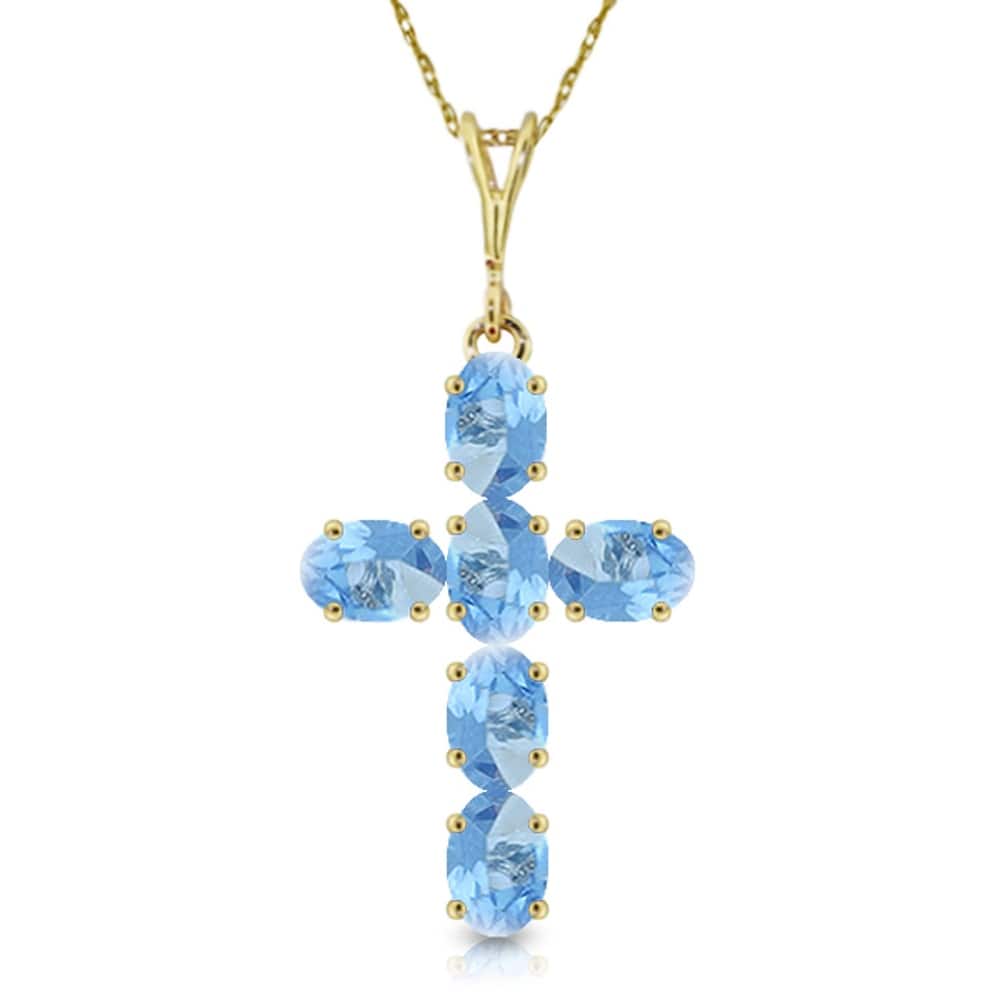 MayaMila 1.5 Carat 14K Solid Gold Cross Gemstone Necklace Natural Blue Topaz