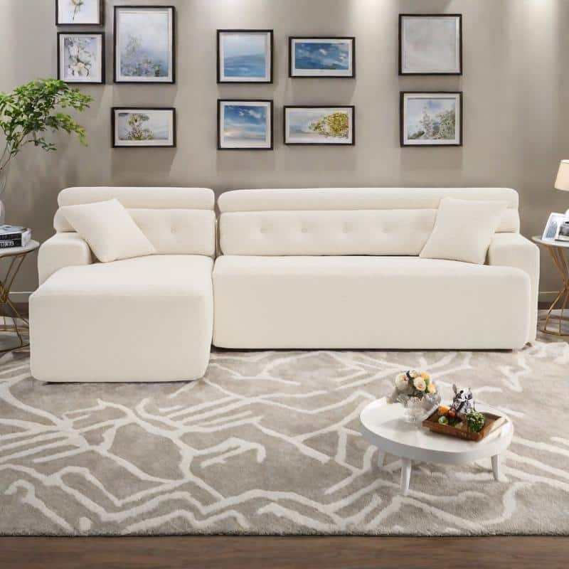 105" Wood Grain Chenille 3-Seater Sectional Sofa with Chaise Lounge and 2 Pillows - Antique White