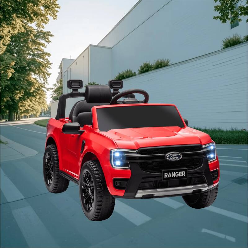 12V Ford Ranger Licensed Electric Kids Ride On Car with Parental Remote, Suspension, LED Lights and Music Horn for Toddlers - Red