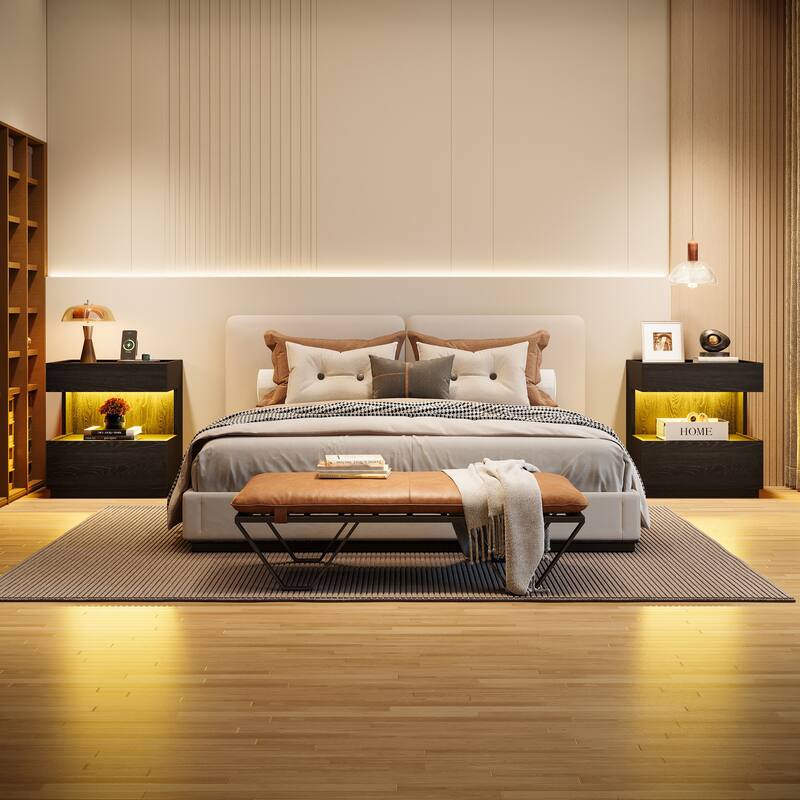 Modern LED Black Nightstand Wood Bedside End Table with 2 Drawers