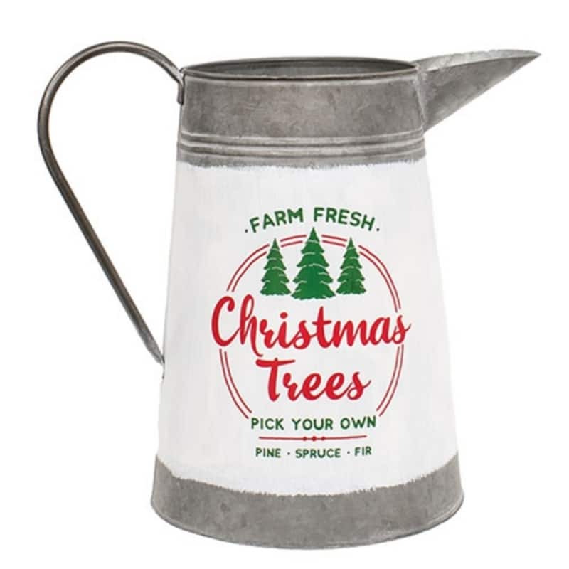 12" White Metal Christmas Pitcher with Farm Fresh Trees Design Rustic Holiday Table Decor - 12" H x 8.5" diameter