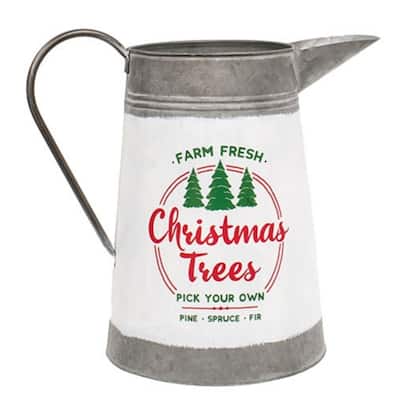 12" White Metal Christmas Pitcher with Farm Fresh Trees Design Rustic Holiday Table Decor - 12" H x 8.5" diameter