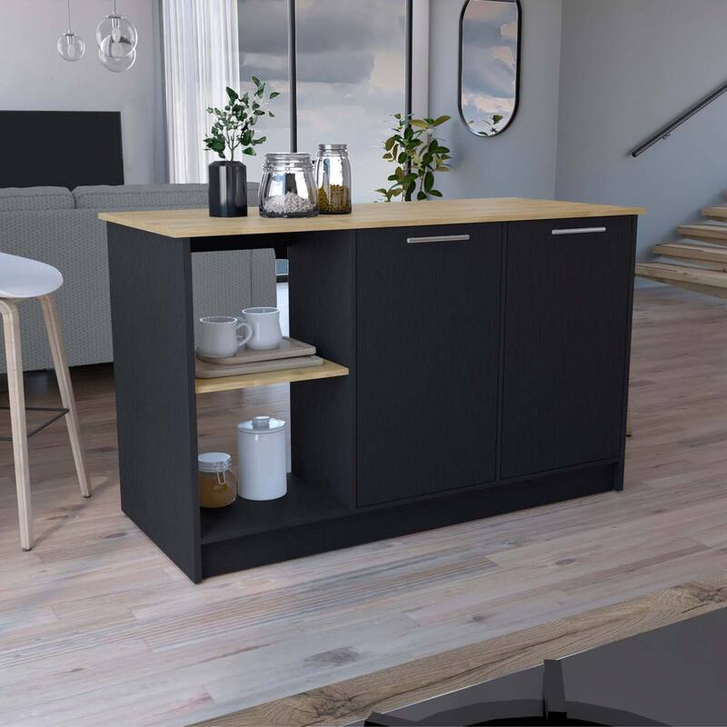 Large Surface Kitchen Island with Double Door Cabinet, Inner Shelves, and Open Storage for Pots, Pans, and Decor