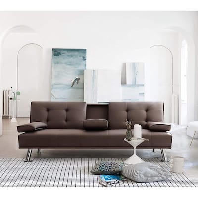 Furniwell Modern Faux Leather Futon with Cup Holders & Pillows, 65"