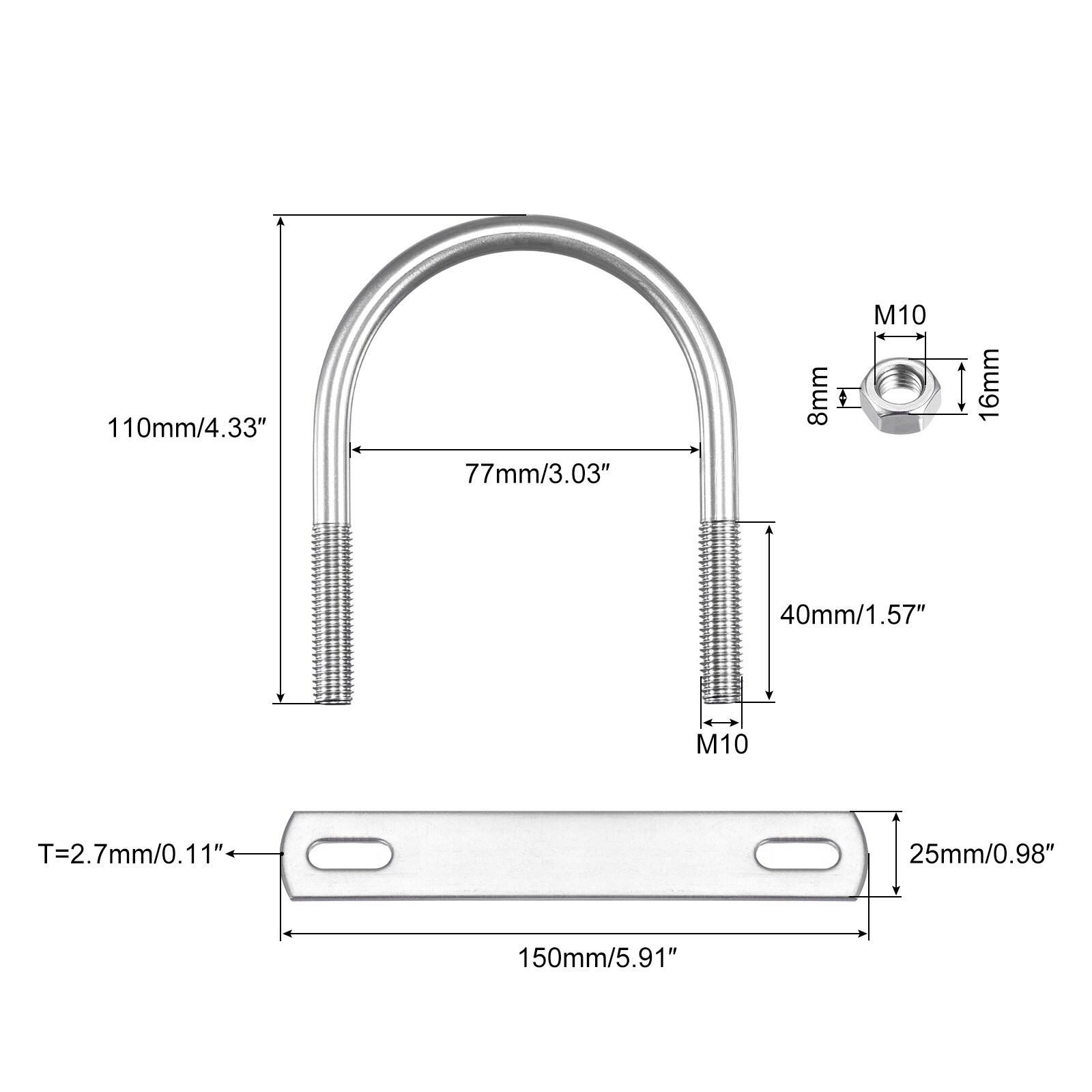 Round U-Bolts, 304 Stainless Steel U Clamp Bolt with Nuts and Plates, for Boat Trailer