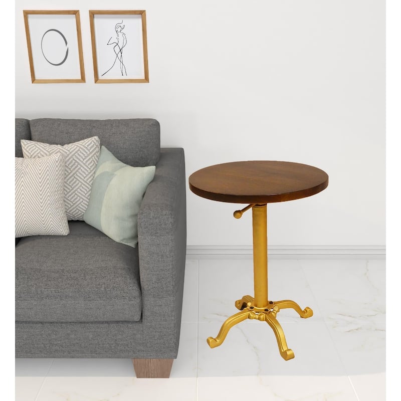Dark Brown Wood Round End Table with Gold Iron Base and Adjustable Height - 18” x 18” x 22” (D x W x H)