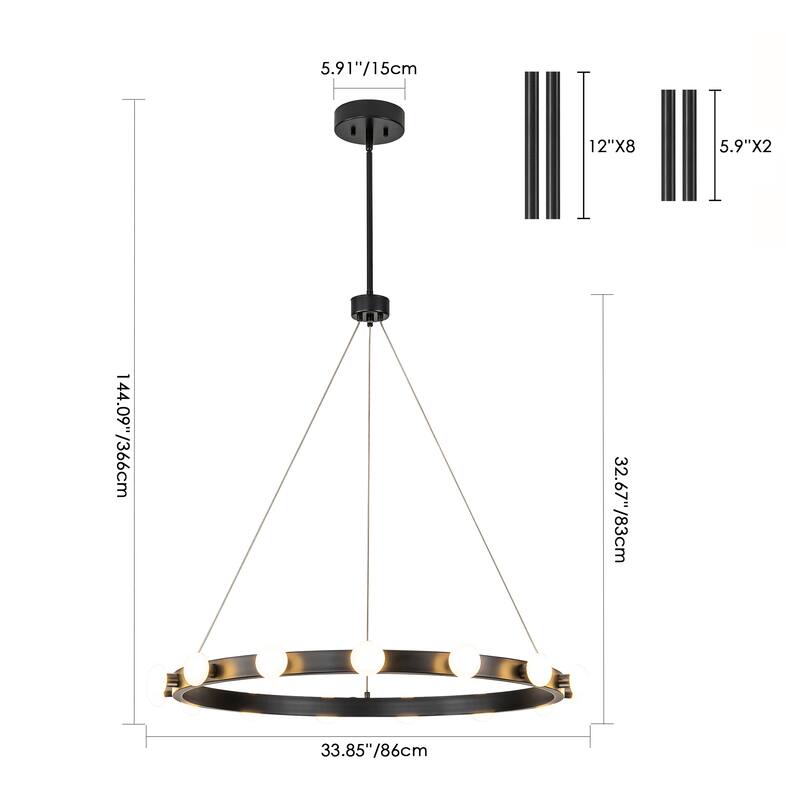 15/24-Light Mid-Century Modern Black Integrated LED Large Wagon Wheel Chandelier for Dining Room/Living Room
