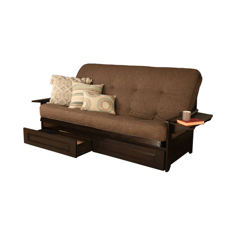 Somette Phoenix Queen-size Storage Futon Set in Espresso Finish with Linen Mattress - Linen Cocoa