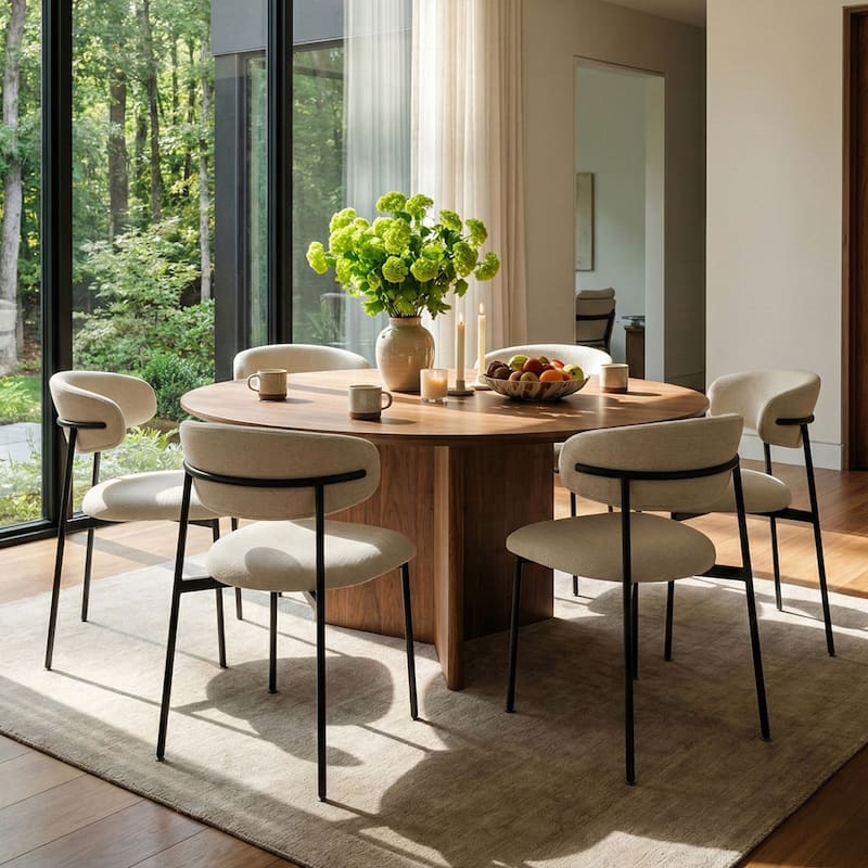 Modern Upholstered Dining Chairs with Curved Open Back and Black Metal Legs (Set of 6) - Beige